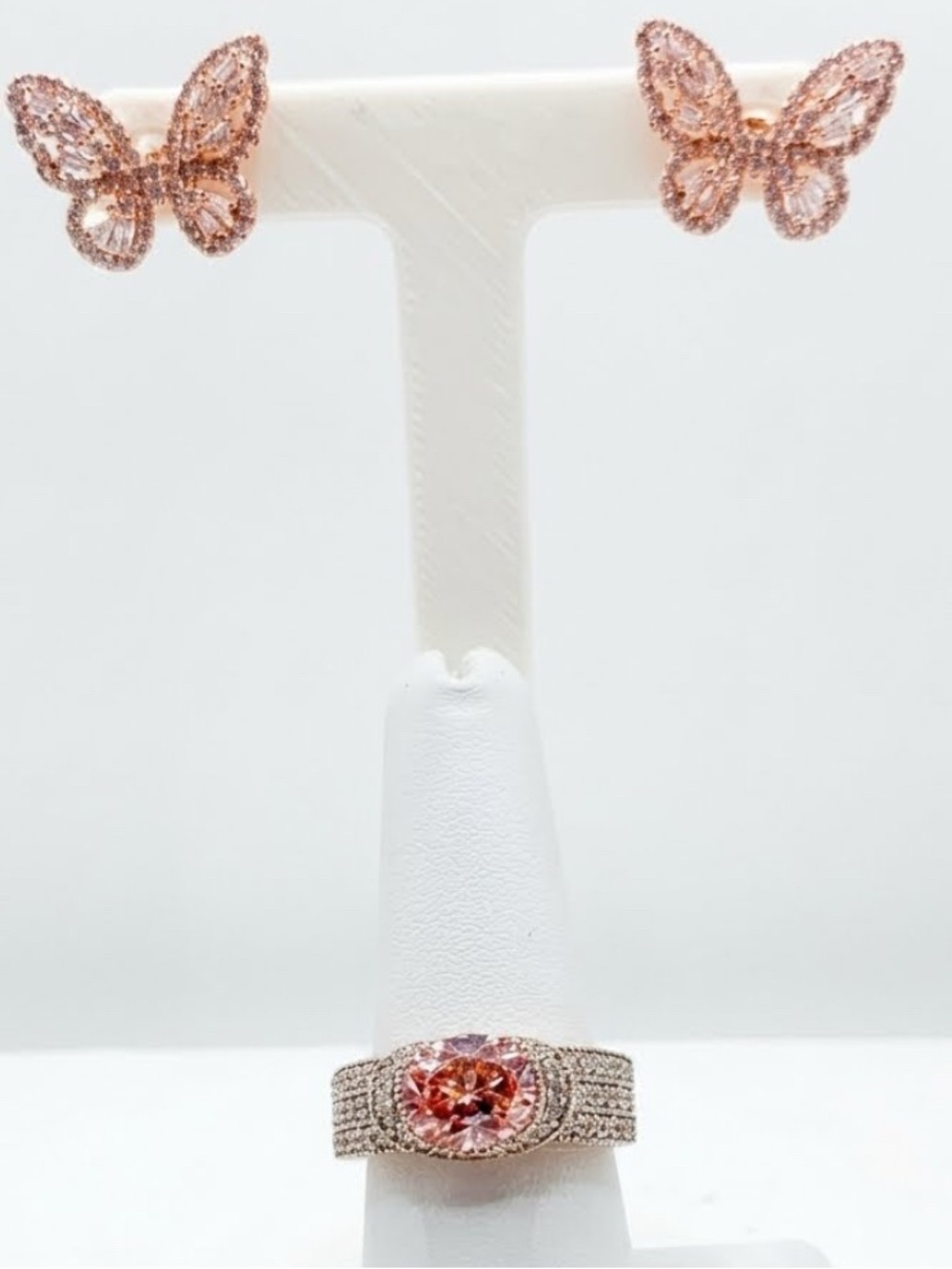 SJD 925 Sterling Rose Gold Flash Silver Butterfly Ring & Stud Earrings Set